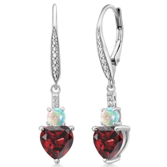 925 Sterling Silver with 3.13 Cttw Red Garnet and White Opal Heart Drop Earrings